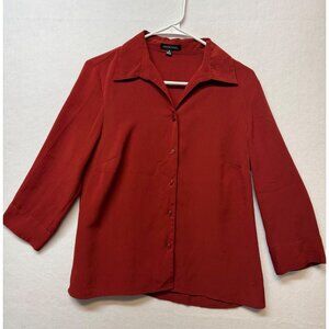 Notations Womens Red Button-Up Blouse M Textured Fabric Collared 3/4 Sleeve Top